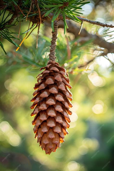 Premium Photo | A cone is hanging on a branch of a pine tree in the ...