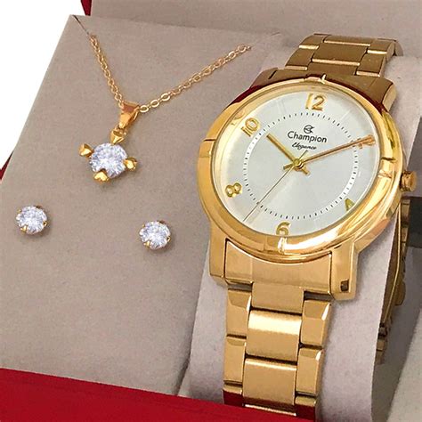 Relógio Feminino Champion Dourado Branco CN29909W prova d água colar