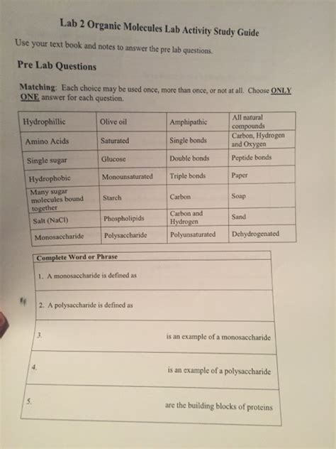 Solved Lab 2 Organic Molecules Lab Activity Study Guide Use Chegg