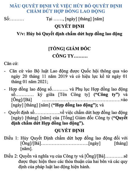 Mẫu quyết định về việc hủy bỏ quyết định chấm dứt hợp đồng lao động