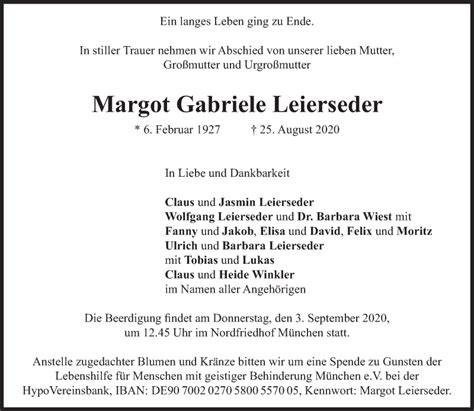 Traueranzeigen Von Margot Gabriele Leierseder SZ Gedenken De