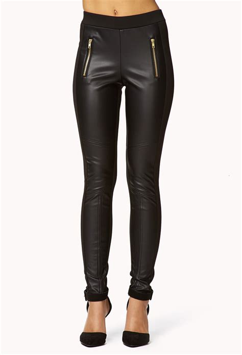 Lyst Forever Faux Leather Panel Leggings In Black