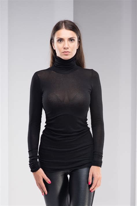 Black Sheer Top See Through Top Black Turtleneck Top Sexy Etsy