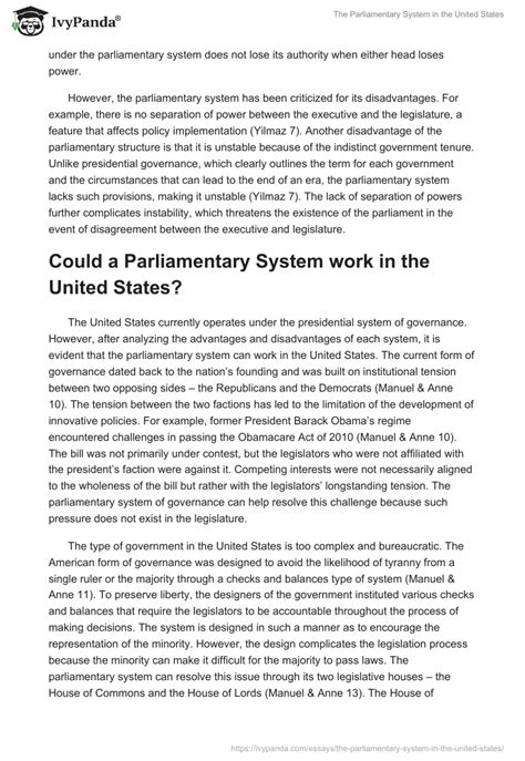 The Parliamentary System in the United States - 732 Words | Essay Example