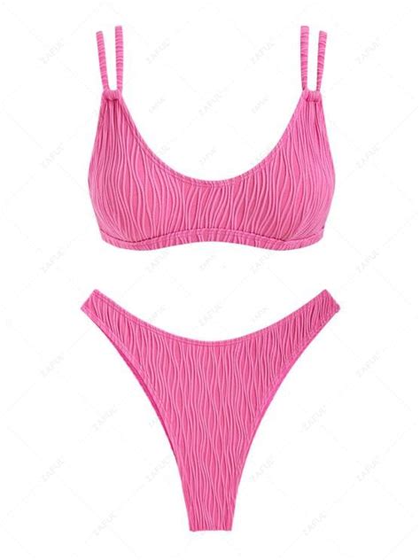 Textured Double Straps High Leg Brazilian Cheeky Bikini Set In Light