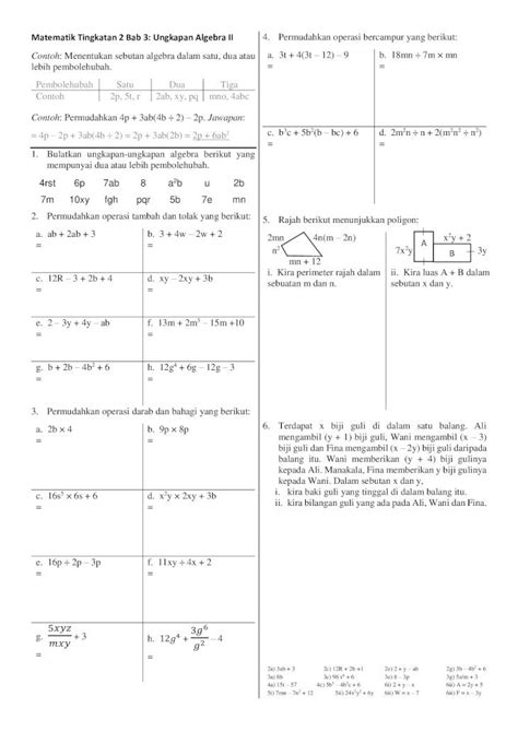 PDF Matematik Tingkatan 2 Bab 3 Ungkapan Algebra II DOKUMEN TIPS