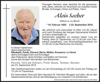 Traueranzeigen Von Alois Seeber Trauer Bz