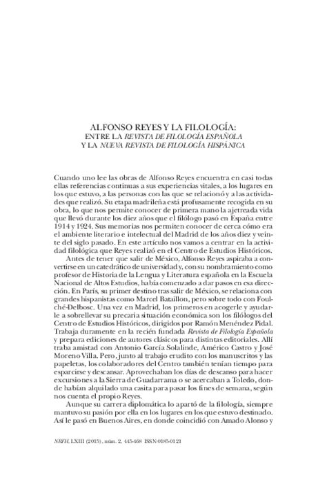 Pdf Alfonso Reyes Y La FilologÍa Entre La Revista De FilologÍa EspaÑola Y La Nueva Revista De