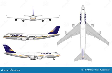 Realistic Passenger Airplane Mock Up, Airliner In Top, Side, Front View ...