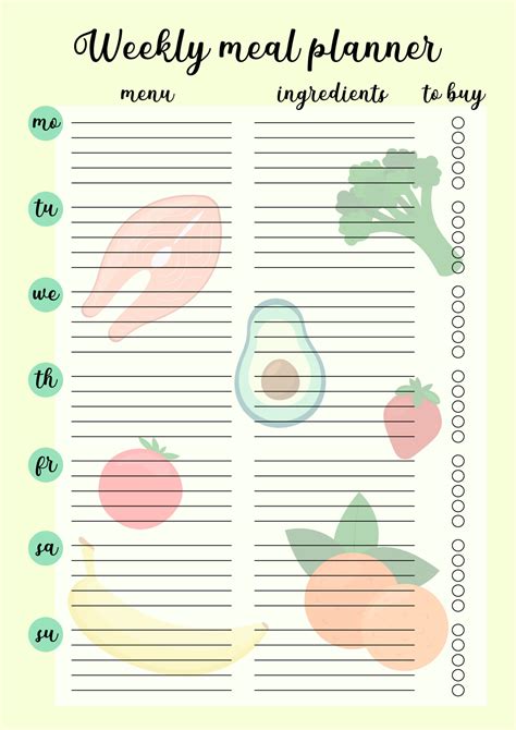 Weekly Meal Planner Printable Page Vector Template Of Daily Cooking