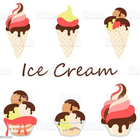 Ice Cream In Waffle Cones And Glass Cups Ice Cream Collection Vector