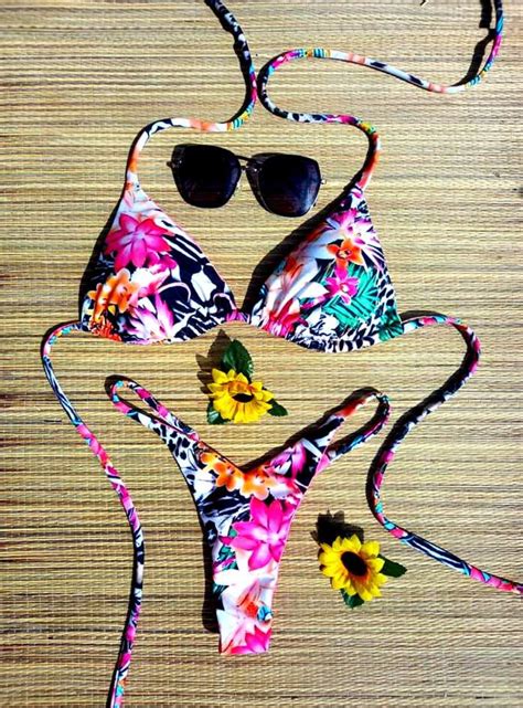 Hawaii Pattern High Cut Thong Bikini Set Triangle Bikini V Front Bikini Etsy