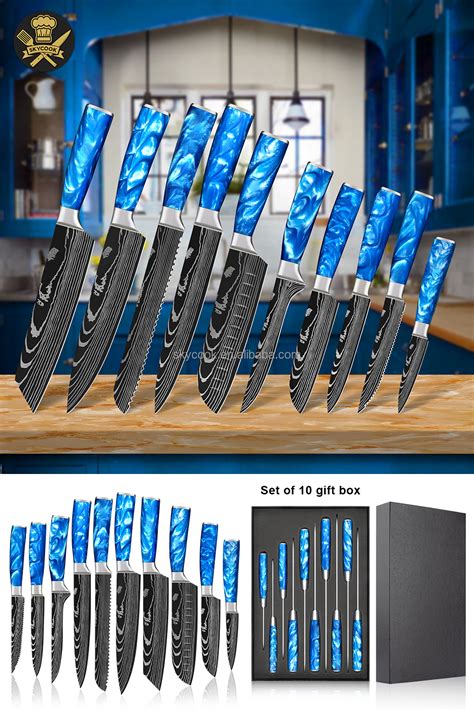 Sapphire Blue Resin Handle Japanese Damascus Knives Set Chef Knifes Set