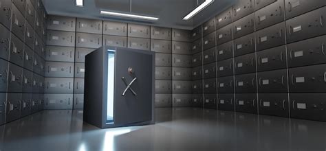 Bank Deposit Lockers With Closed Steel Doors And Black Open Safe Box