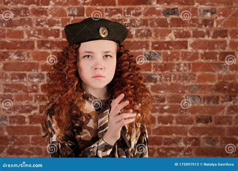 Beautiful Red Haired Girl In A Military Dress Stock Image Image Of