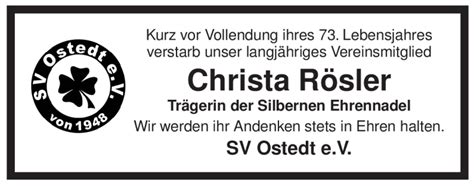 Traueranzeigen von Christa Rösler AZ Trauer de