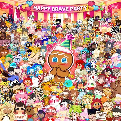 A Large Group Of Cartoon Characters In Front Of A Happy Brave Party Sign