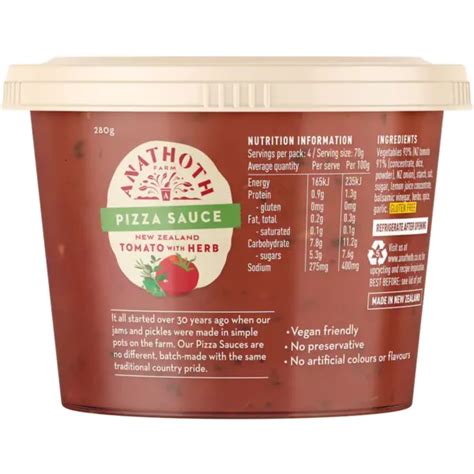 Anathoth Farm New Zealand Tomato With Herb Pizza Sauce 280g - Kiwi Kitchen