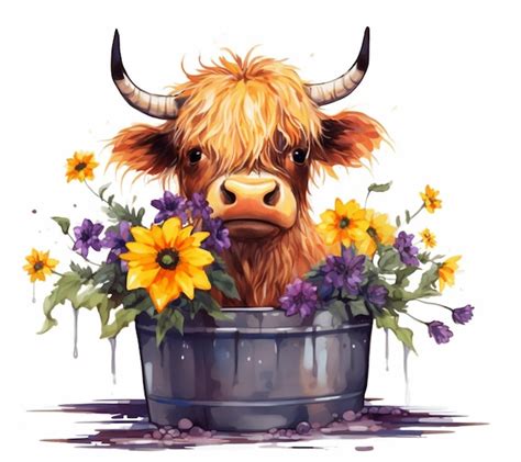 Una Pintura De Una Vaca En Un Balde De Flores Foto Premium