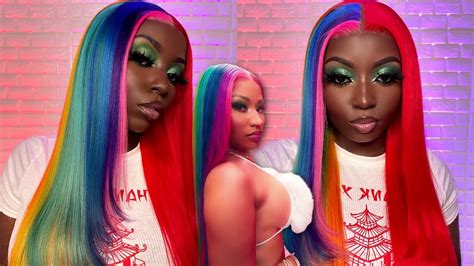 Nicki Minaj Inspired Split Rainbow Wig Hair Makeup Tutorial Youtube