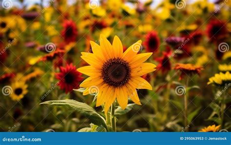 Bright Yellow Sunflower In A Vibrant Green Meadow Close Up Beauty Generated By Ai Stock Image