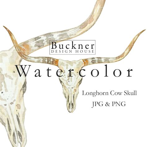 WATERCOLOR Longhorn Cow Skull Illustration Realistic Skull Longhorns Western Clip Art Hand ...