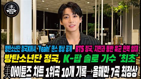 지민과 동반입대하는 방탄소년단 정국 K 팝 솔로 가수 최초 美아이튠즈 차트 1위곡 10개 기록올해만 7곡 최정상 bts