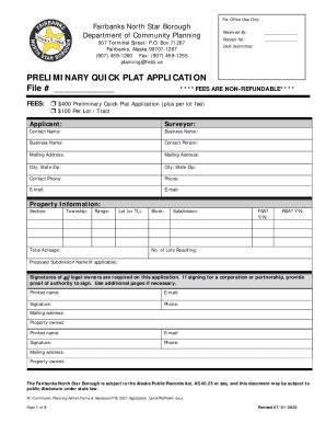 Fillable Online Preliminary Quick Plat Application File Fax Email