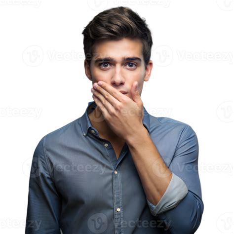 Young Man In Blue Shirt Covering Mouth With Hand Expressing Surprise 45592402 Png