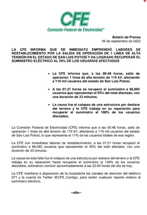 Cfe Informa Sobre El Avance En Las Maniobras De Restauraci N De La