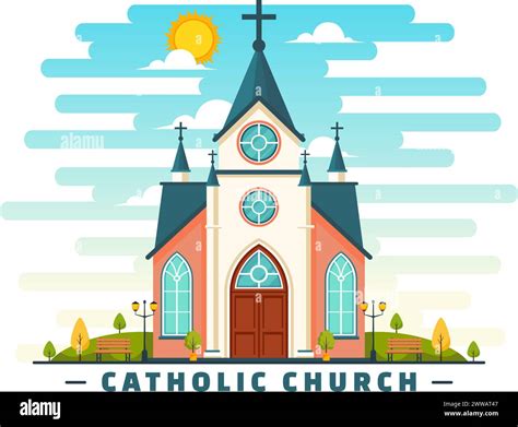 Cathedral Catholic Church Building Vector Illustration With