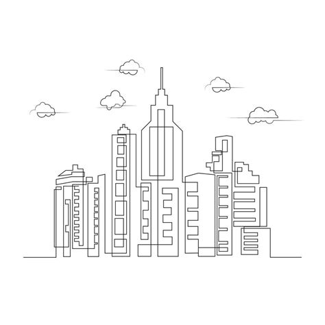 City Buildings Skyline With Clouds Minimalist One Line Drawing