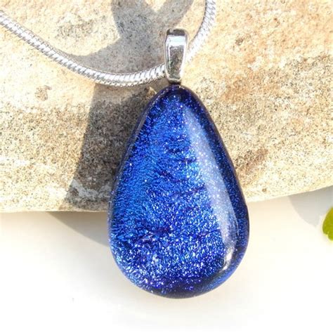 True Blue Dichroic Glass Droplet Pendant Fused Glass Etsy