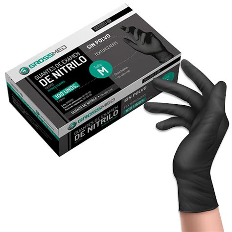 Guantes De Nitrilo Negros Sin Polvo Grossmed Talla M Caja 100 Unidades