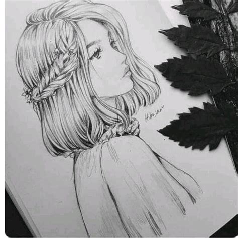 A Pencil Drawing Of A Girl Next To Some Leaves And A Rose On A Sheet Of