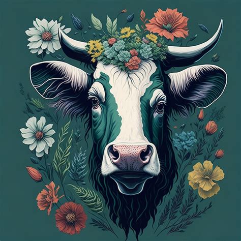 Una Pintura De Una Vaca Con Una Corona De Flores Foto Premium