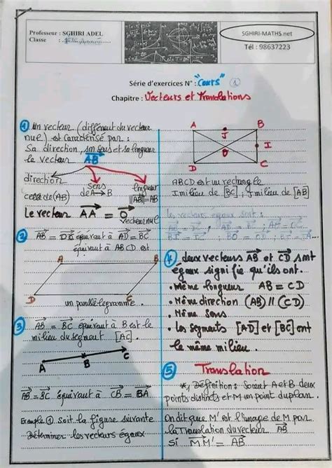 1ère Année Secondaire Math 1ère Année Vecteur Et Translation