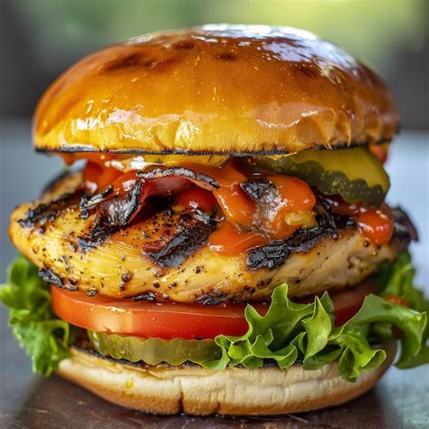 Juicy Grilled Chicken Burger With Bacon Lettuce Tomato Pickles And