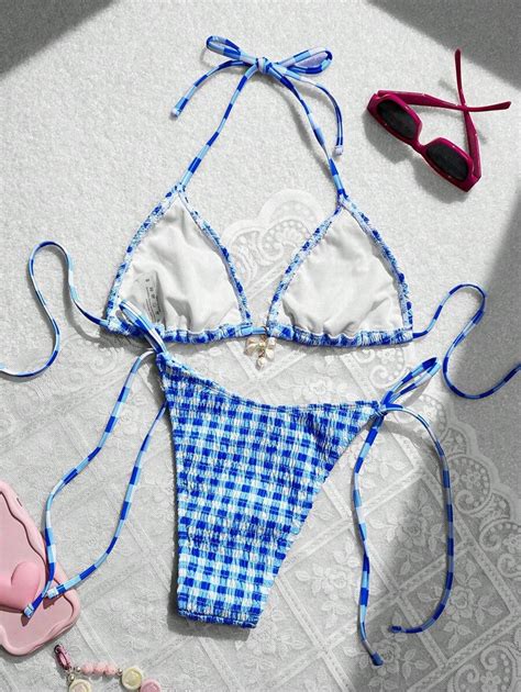 Shein Swim Mod Women S Sexy Plaid Halter Neck Tie Bikini Set For Summer