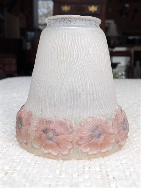 Vintage Frosted Glass Lamp Shade Reverse Hand Painted Purple Flowers Textured Glass Embossed