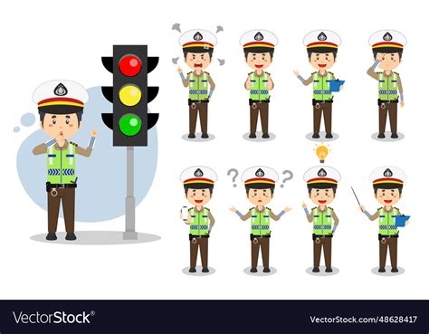 Indonesian Traffic Police Character With Various Vector Image