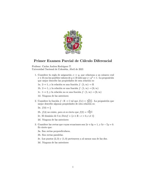 Parcial De Mate Azxcdfv Primer Examen Parcial De Alculo Diferencial