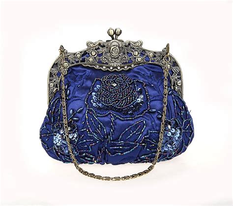 Navy Blue Ladies Beaded Sequined Wedding Evening Bag Clutch Handbag