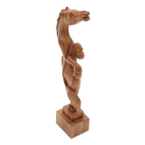 Hand Carved Suar Wood Horse Sculpture From Bali Excited Horse Novica