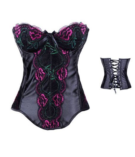 Black Strapless Overbust Corset With Back Lace Up And Pink Embroidered