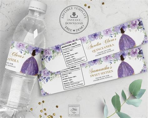 Purple Lilac Floral Quinceanera Water Bottle Label EDITABLE TEMPLATE