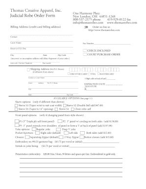 Fillable Online Thomas Creative Apparel Inc Judicial Robe Order Form