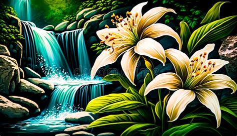 Painting Of Waterfall With Flowers In The Foreground And Rocks In The