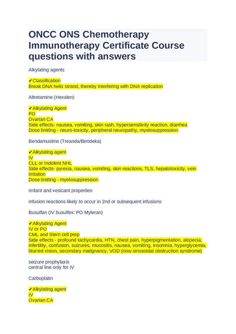 ONCC ONS Chemotherapy Immunotherapy Certificate Course Questions With