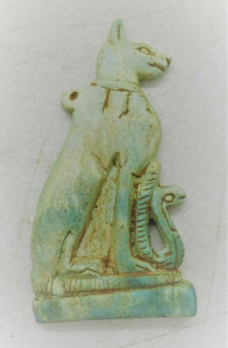 Rare Ancient Egyptian Glazed Faience Bastet Cat Pendant Bce